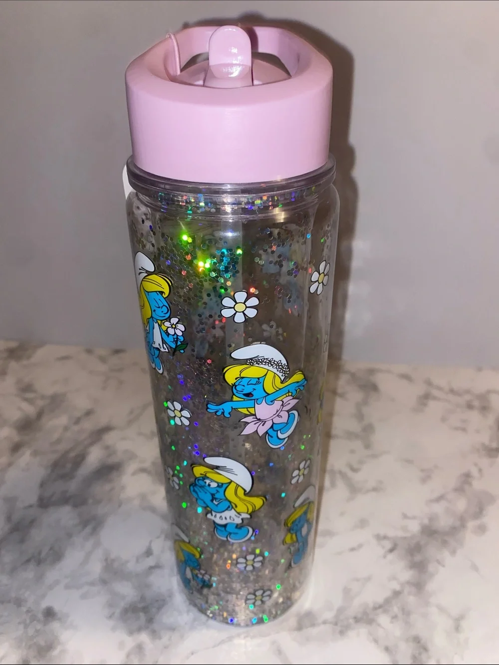 Claire's Pink Smurf Glitter Flip Straw Water Bottle